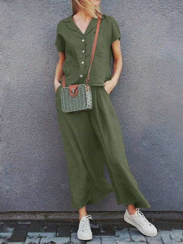 Wide-leg lapel short-sleeved shirt solid color suit retro cotton linen high waist loose