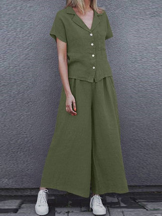 Wide-leg lapel short-sleeved shirt solid color suit retro cotton linen high waist loose