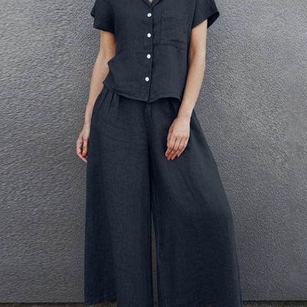 Wide-leg lapel short-sleeved shirt solid color suit retro cotton linen high waist loose