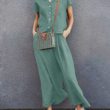 Wide-leg lapel short-sleeved shirt solid color suit retro cotton linen high waist loose