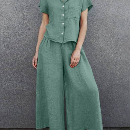 Wide-leg lapel short-sleeved shirt solid color suit retro cotton linen high waist loose