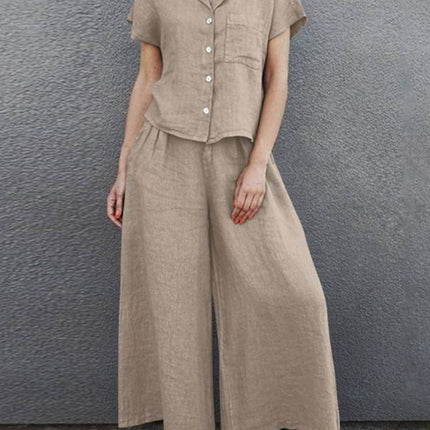 Wide-leg lapel short-sleeved shirt solid color suit retro cotton linen high waist loose