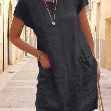 New Loose Solid Color Pocket Short Sleeve Round Neck Cotton Linen Dress