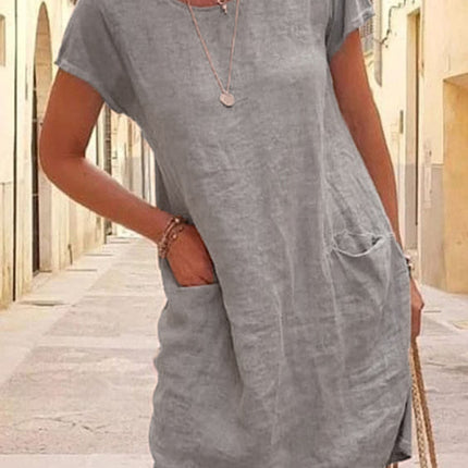 New Loose Solid Color Pocket Short Sleeve Round Neck Cotton Linen Dress