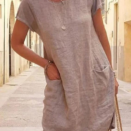 New Loose Solid Color Pocket Short Sleeve Round Neck Cotton Linen Dress