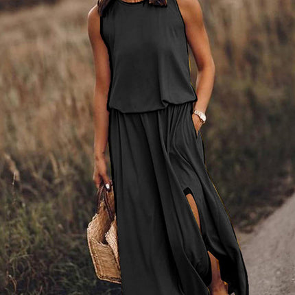Women's Round Neck Sleeveless Dress Slit Multicolor Solid Color Long Dress