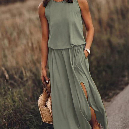 Women's Round Neck Sleeveless Dress Slit Multicolor Solid Color Long Dress