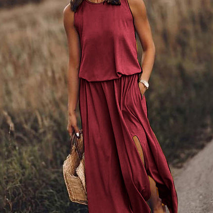Women's Round Neck Sleeveless Dress Slit Multicolor Solid Color Long Dress