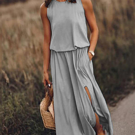 Women's Round Neck Sleeveless Dress Slit Multicolor Solid Color Long Dress