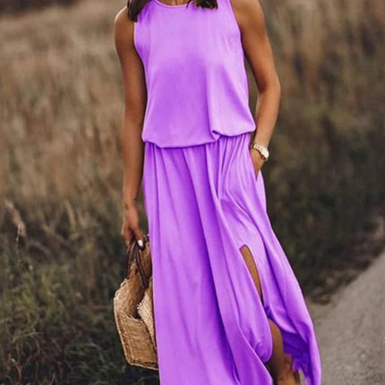 Women's Round Neck Sleeveless Dress Slit Multicolor Solid Color Long Dress
