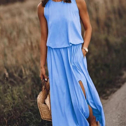 Women's Round Neck Sleeveless Dress Slit Multicolor Solid Color Long Dress
