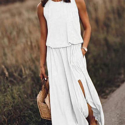 Women's Round Neck Sleeveless Dress Slit Multicolor Solid Color Long Dress