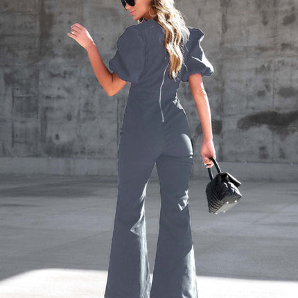 Women's Denim Slim Puff Sleeve Crossover Waist Jumpsuit