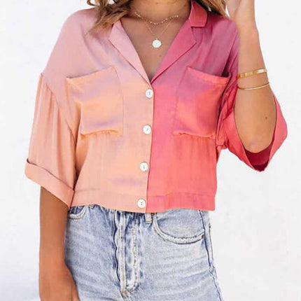 Women's Casual Fashion Contrasting Color Long Sleeve Cardigan Single Breasted Shirt