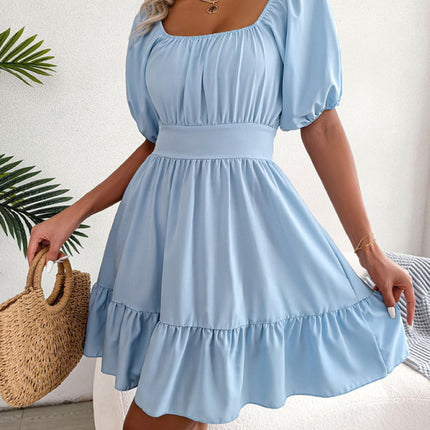 Women's Casual Square Neck Open Back Strap Ruffled Swing Dress