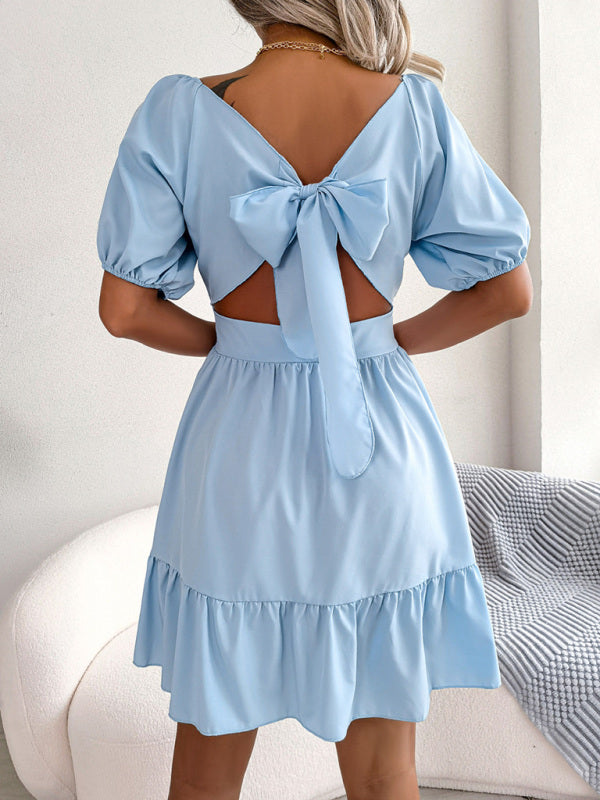 Women's Casual Square Neck Open Back Strap Ruffled Swing Dress