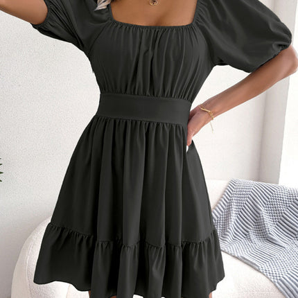 Women's Casual Square Neck Open Back Strap Ruffled Swing Dress