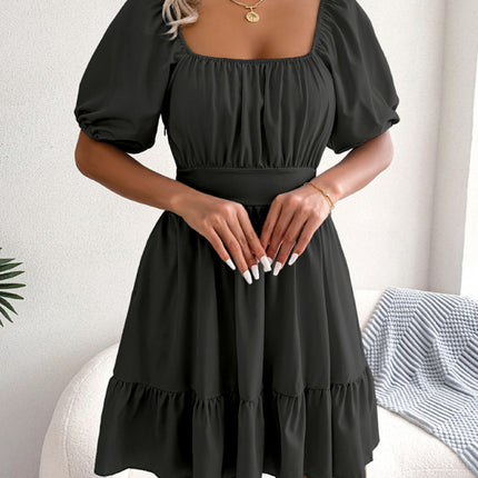 Women's Casual Square Neck Open Back Strap Ruffled Swing Dress