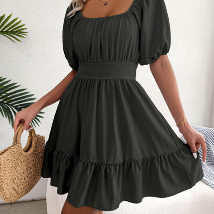 Women's Casual Square Neck Open Back Strap Ruffled Swing Dress
