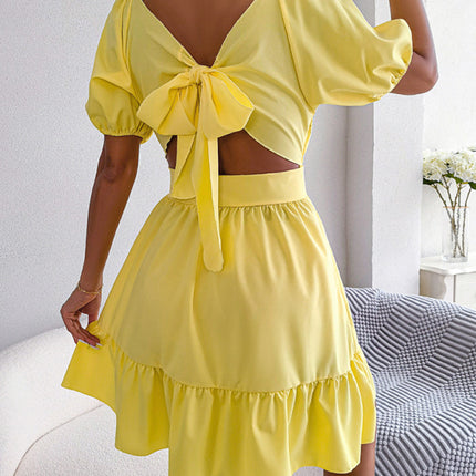 Women's Casual Square Neck Open Back Strap Ruffled Swing Dress