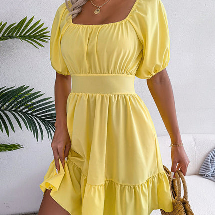 Women's Casual Square Neck Open Back Strap Ruffled Swing Dress