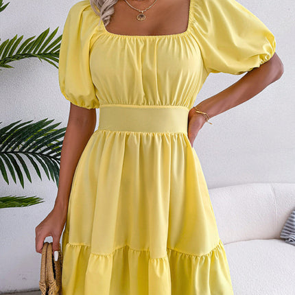 Women's Casual Square Neck Open Back Strap Ruffled Swing Dress