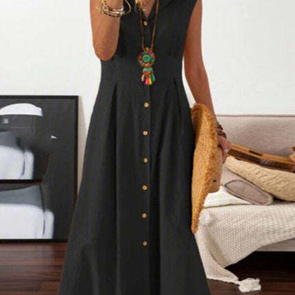Women's casual lapel collar sleeveless cotton and linen mid-length dress