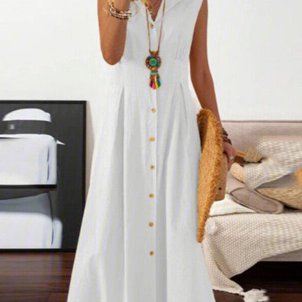 Women's casual lapel collar sleeveless cotton and linen mid-length dress