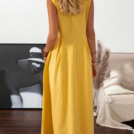 Women's casual lapel collar sleeveless cotton and linen mid-length dress