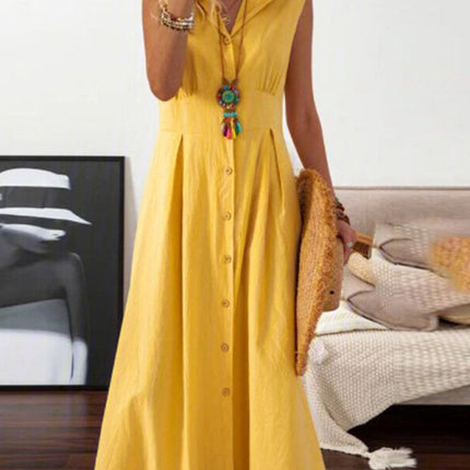 Women's casual lapel collar sleeveless cotton and linen mid-length dress