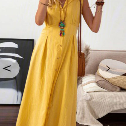 Women's casual lapel collar sleeveless cotton and linen mid-length dress