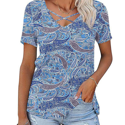 Women's knitted casual ethnic style V-neck short-sleeved T-shirt