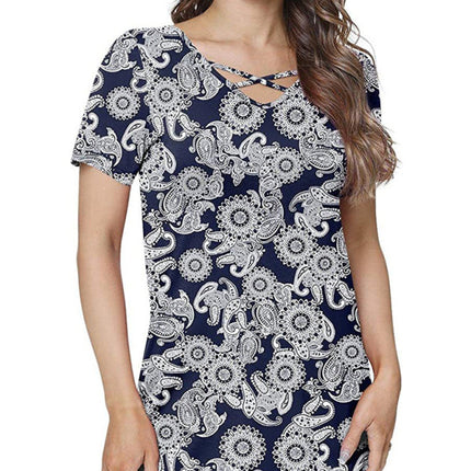 Women's knitted casual ethnic style V-neck short-sleeved T-shirt