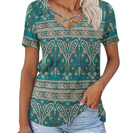 Women's knitted casual ethnic style V-neck short-sleeved T-shirt