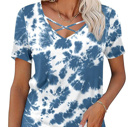 Women's knitted casual ethnic style V-neck short-sleeved T-shirt