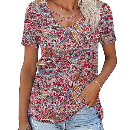 Women's knitted casual ethnic style V-neck short-sleeved T-shirt