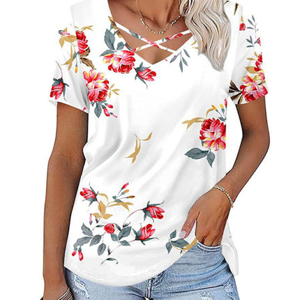 Women's knitted casual ethnic style V-neck short-sleeved T-shirt