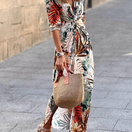 Women's Leaf Print Kink V-Neck Dress