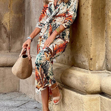 Women's Leaf Print Kink V-Neck Dress