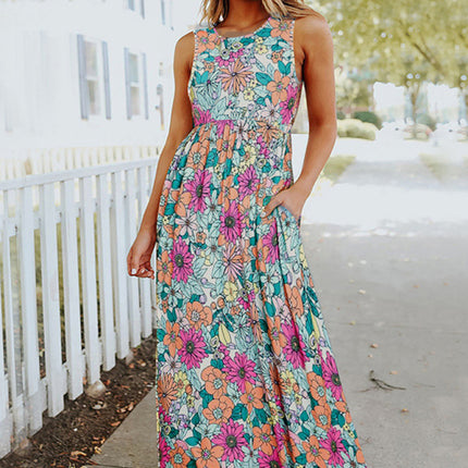 Ladies Floral Print Round Neck Sleeveless Maxi Dress