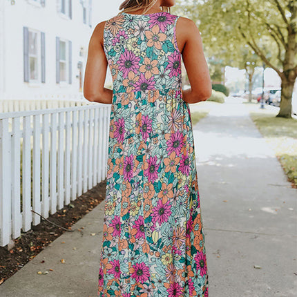 Ladies Floral Print Round Neck Sleeveless Maxi Dress