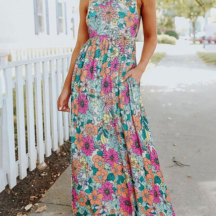 Ladies Floral Print Round Neck Sleeveless Maxi Dress