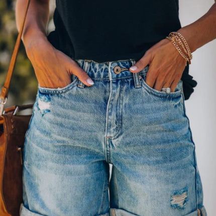 New temperament casual ripped hole rolled edge five point denim shorts