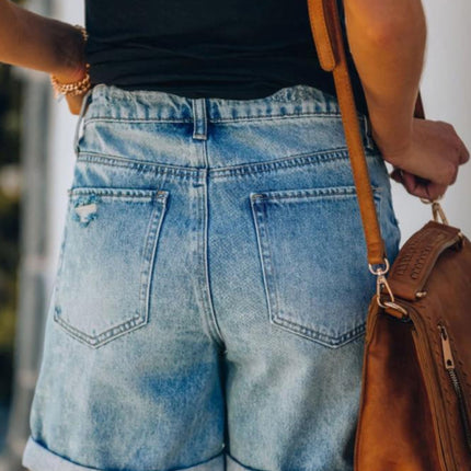 New temperament casual ripped hole rolled edge five point denim shorts