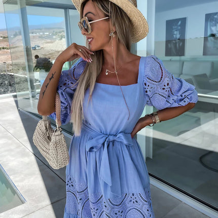 Women's Woven Square Neck Hollow Crochet Mosaic Loose Long Dress