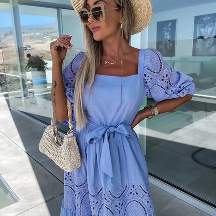 Women's Woven Square Neck Hollow Crochet Mosaic Loose Long Dress