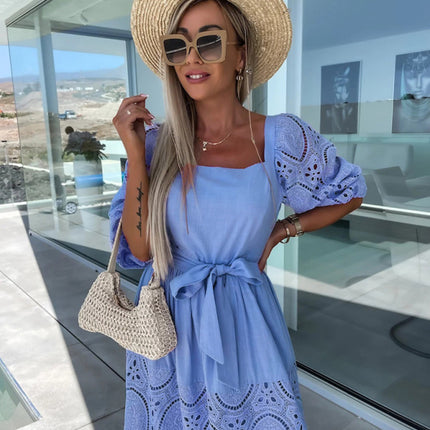 Women's Woven Square Neck Hollow Crochet Mosaic Loose Long Dress