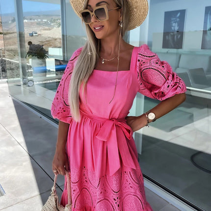 Women's Woven Square Neck Hollow Crochet Mosaic Loose Long Dress