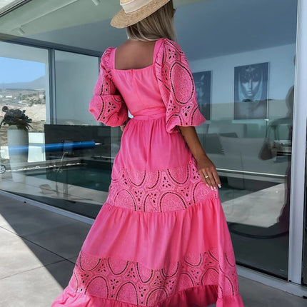 Women's Woven Square Neck Hollow Crochet Mosaic Loose Long Dress