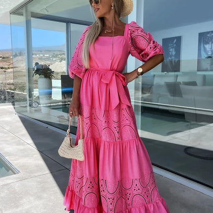 Women's Woven Square Neck Hollow Crochet Mosaic Loose Long Dress